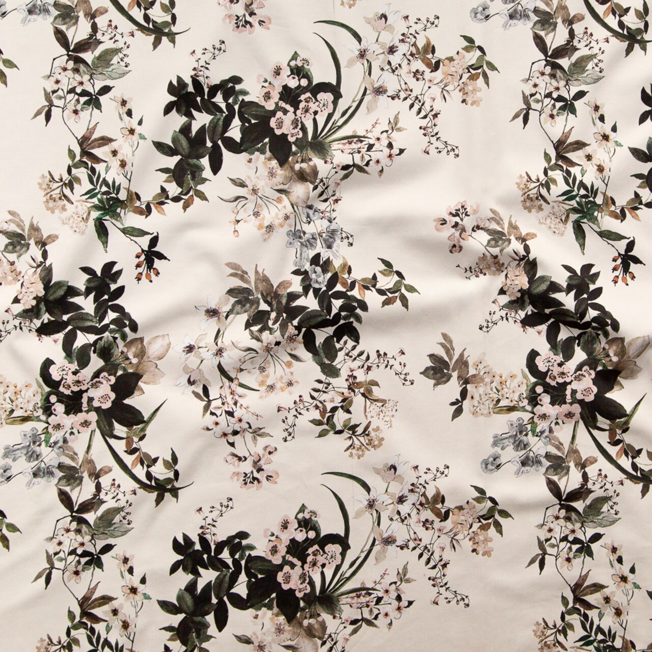1 Yard Antique White & Green Floral Stretch Cotton Sateen Fabric Aesthetic Matters 55 inch Width